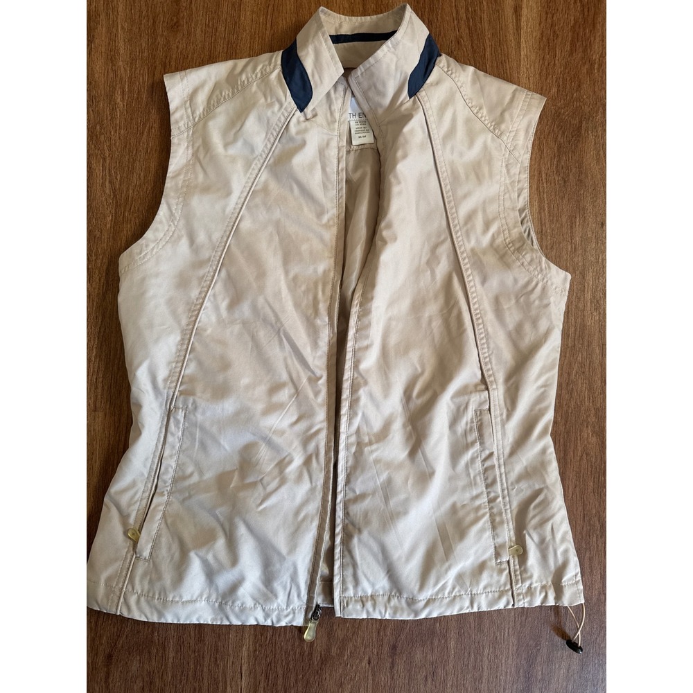North End Womens Tan Full Zip Lightweight Vest Mock Neck Beige Navy Trim Size M
